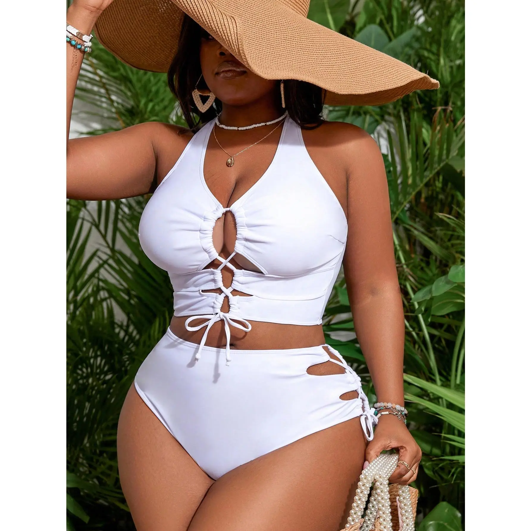 Plus Size Bikini Set, Casual Solid High Waist 2 Piece Swimwear featuring a Plunge Neck Top with Cut Outs and Adjustable Tie Back, Adjustable Tie Bikini, Bikini Bottom Set