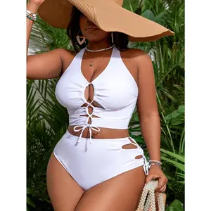Plus Size Solid Color Cross Back Lace-Up Hollow Simple Casual Swimwear Set Summer Swimsuit Women Full Coverage Bikinis