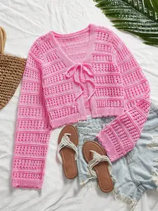 Spring Summer Rose Hollow Out Knit Cardigan for Women, Bow Tie Long Sleeve Lightweight Solid Top, Suitable for School, Daily, Commuting, Beach Vacation, Knitwear