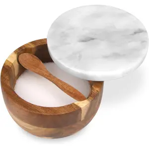 Salt cellar box with lid and spoon; modern white stone salt/pepper/sugar/spice seasoning bowl container jar holder well keeper dish pig crock for kitchen (white/gray marble lid).
