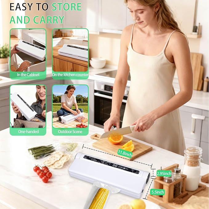 Food Vacuum Sealer Machine 75KPA Dry Wet Modes Compact Kitchen Sealer with 20 Bags