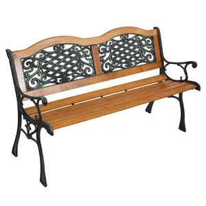 Karlhome Classic Cast Iron & Teak Arched Back Rectangular Outdoor Bench, 3-Seater, 470 lbs Capacity, Easy Assembly, Weather Resistant, 49.5" W x 20.5" D x 29" H