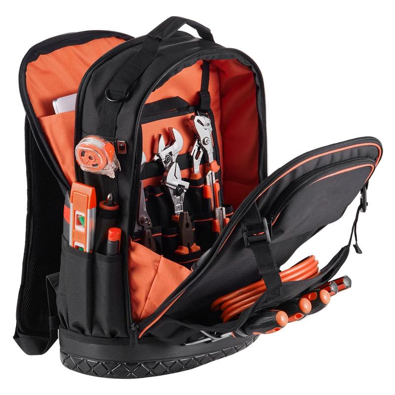 Heavy-Duty Tool Backpack with 65 Pockets: Storage Organizer Work Bag Featuring Laptop Compartment, Molded Base - Ideal for Electricians, Repairmen & HVAC Technicians