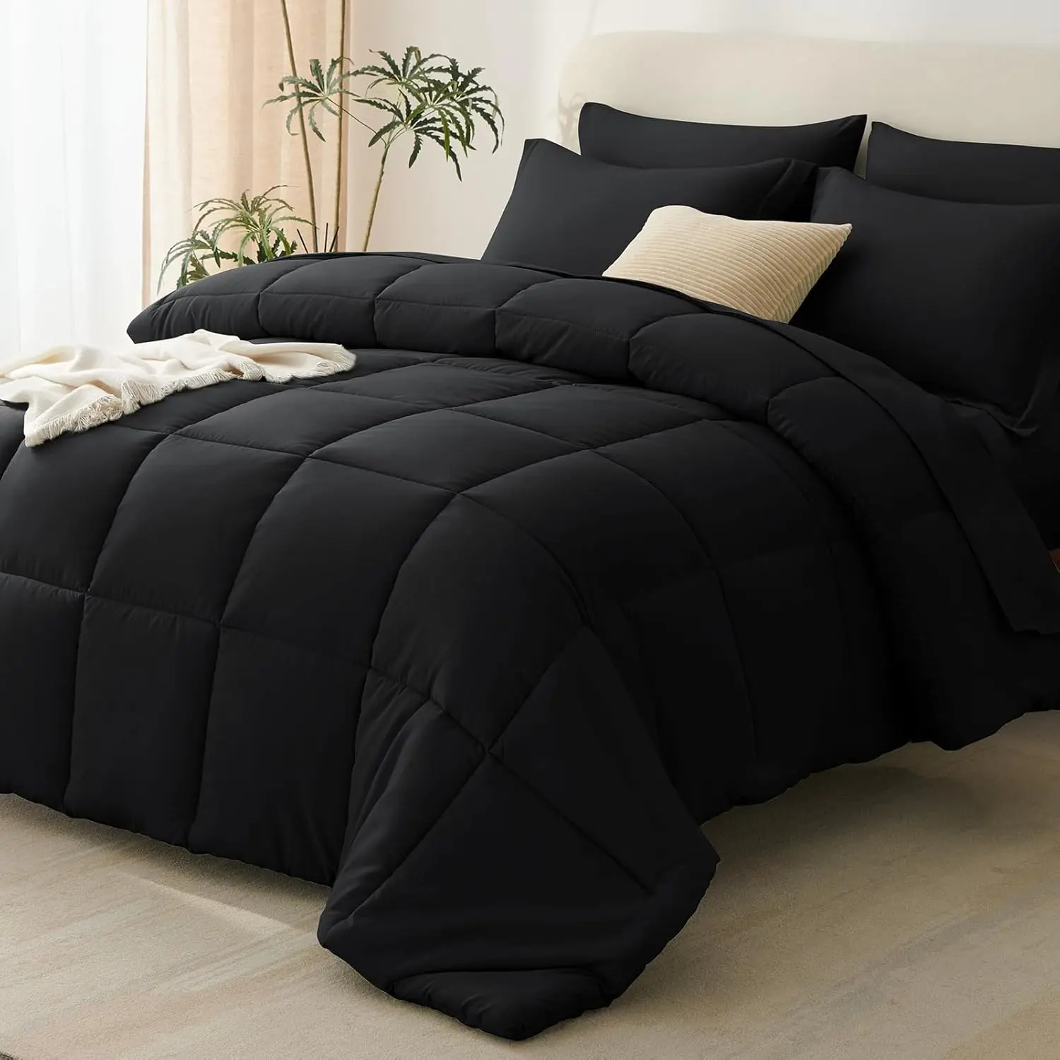 Full Size Comforter Sets Black - 7 Pieces Bed in a Bag Full, Oeko-Tex Certified Bed Set, All Season Soft Bedding Set with Down Alternative Comforter, Sheets, Pillowcases & Pillow Shams