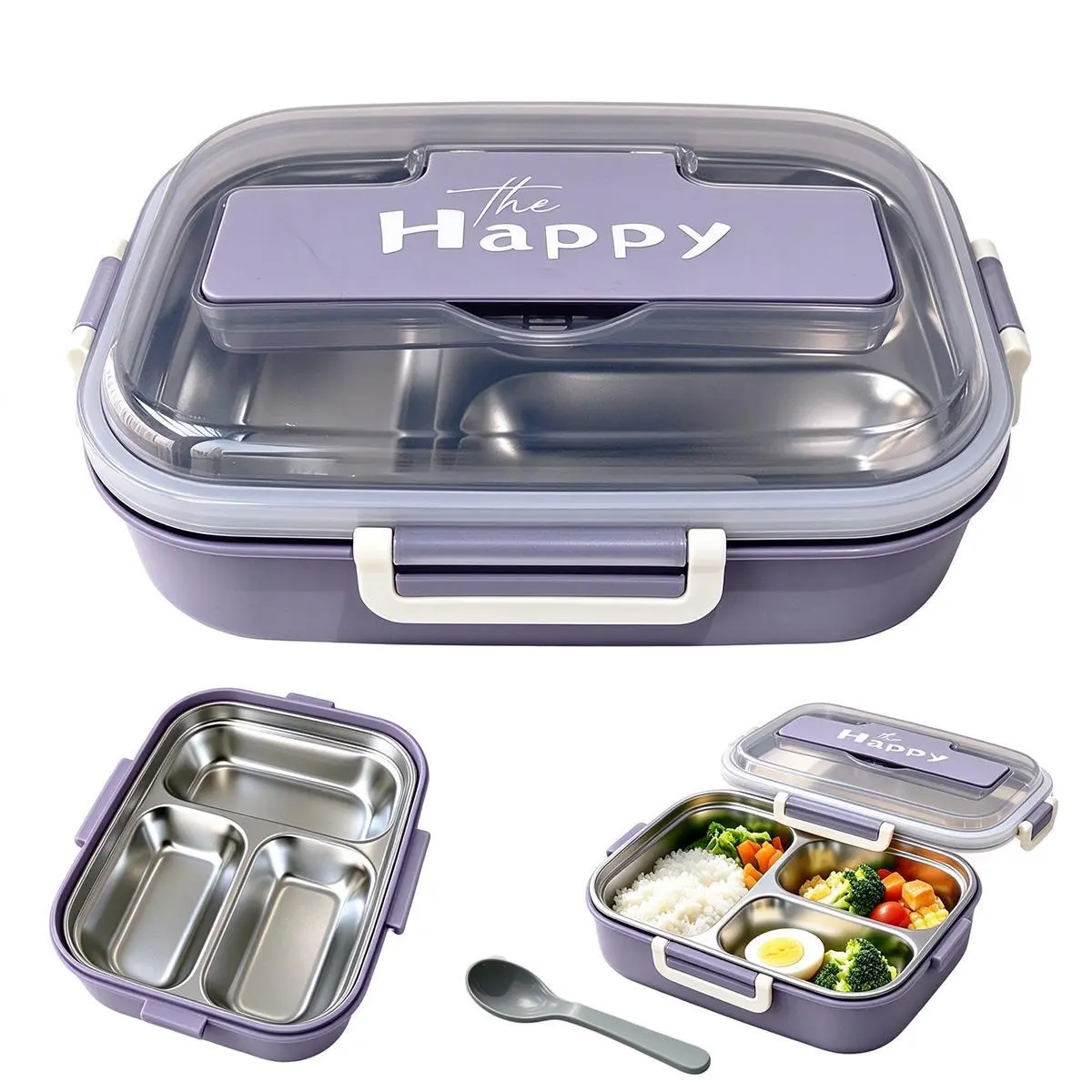 3 Compartment Stainless Steel Bento Box | Leakproof Lunch Box with Built-in Spoon Portable Food Container for Student School Office Picnic