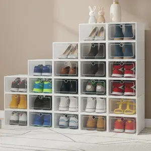 Stackable Shoe Boxes, Clear Front Lid & Foldable Design, PP ABS Plastic Shoe Storage Bins with Ventilation Holes, for Sneakers Boots Closet Organization, Living Room Bedroom Dorm rack shelf