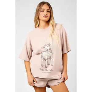 Kaiia Oversized Spring Lamb Graphic T-Shirt Champagne