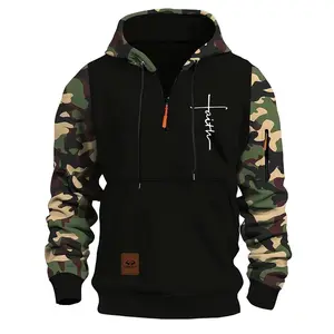 Stitching Hooded Men's Faith Printed Camouflage American Vintage Zipper Sweatshirt, Loose Fit Pullover Design with Top Stitching and Slit Pocket, Available in Red, Army Green, Blue, and Gray