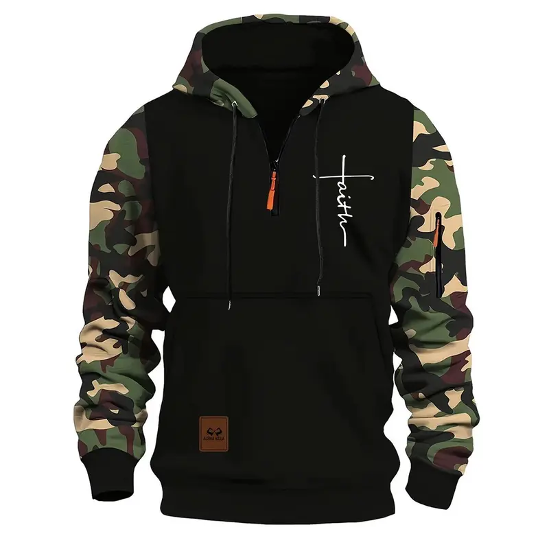 Stitching Hooded Men's Faith Printed Camouflage American Vintage Zipper Sweatshirt, Loose Fit Pullover Design with Top Stitching and Slit Pocket, Available in Red, Army Green, Blue, and Gray