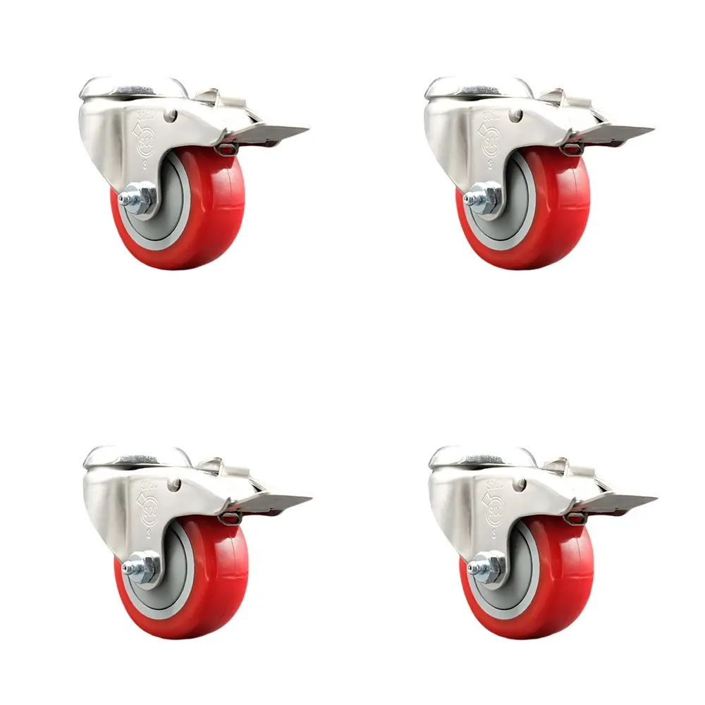 Service Caster SCC-SS316BHTTL20S3514-PPUB-RED-4 Polyurethane Swivel Bolt Hole Caster with 3.5 in. Red Caster Wheels - 316 Stainless Steel Caster - Set of 4