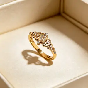 Vintage Style Golden-Tone Engagement Ring for Women, Sparkling Marquise-Cut Statement Band, Elegant Filigree Design Promise Ring, Perfect Jewelry Gift for Valentine's Day, Parties & Special Occasions