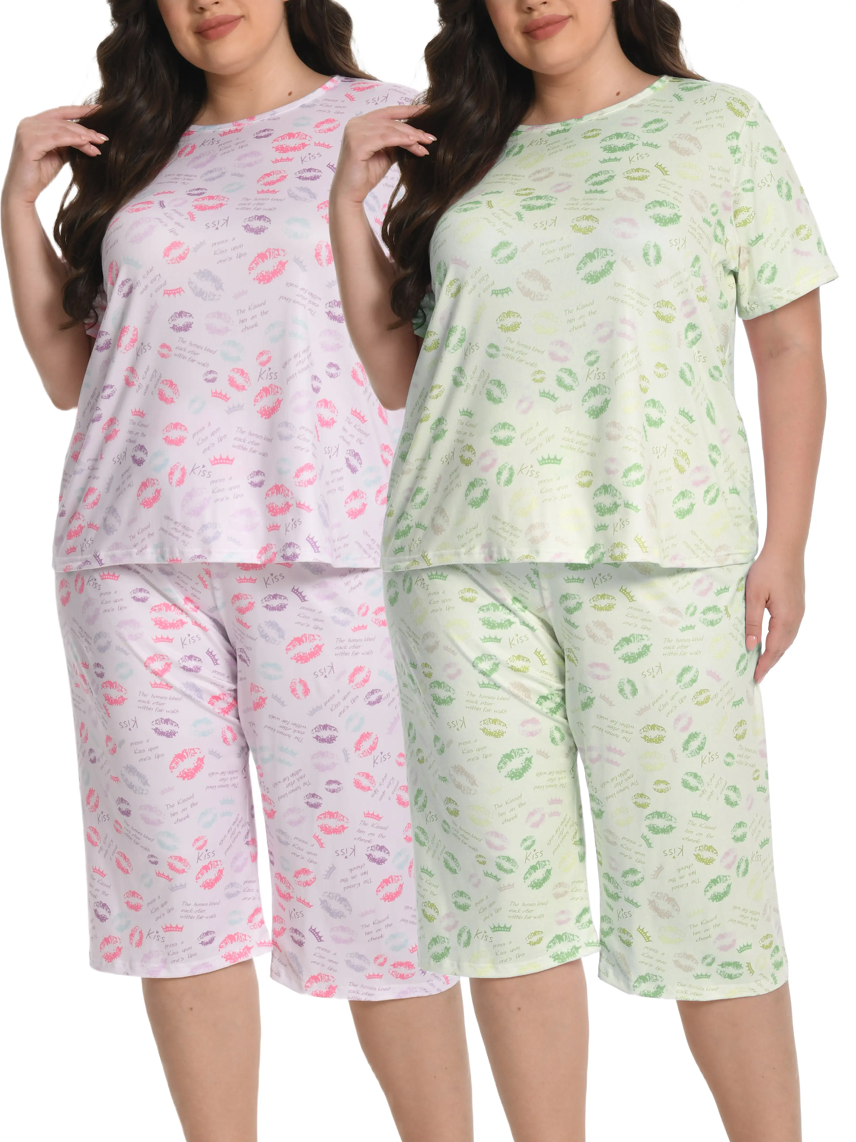 Plus Size Women's 2-Piece Nightwear, Striped Lip Print Knitting Pyjamas with Shortsleeve Top and Capri Pants, Pajama Set, Casual, Comfy Sets, Funny, Lady, Casual Wear, Breathable Fabric, Clothes, Knee-Length