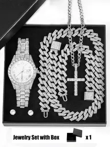 Rhinestone Decorated Watch & Jewelry Set, Including Chain, Watch, Bracelet, Pendant Necklace, Earrings, Ring, Fashion Jewelry for Party, Daily Decor, Exquisite Jewelry for Gift, Fashionable Jewelry Set