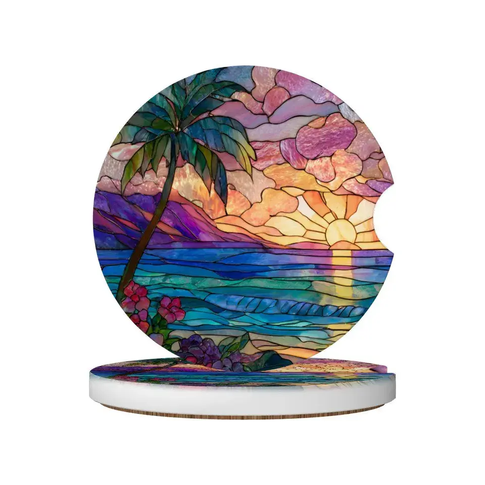 Set of 2 Tropical Sunset Stained Glass Printed Car Coasters, Beach Ceramic Car Cup Holders, Mosaic Artwork Interior Car Accessories, Car Decor Gift