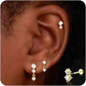 FUNRUN 3 Pairs 18G Cartilage Earrings Flat Back Hypoallergenic Internally Threaded CZ Tragus Stud Helix Labret Conch Piercing Jewellery Silver Gold Handmade Jewelry