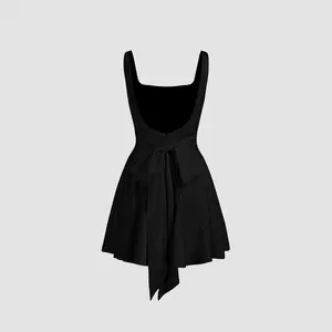 Cider [2 colors, size 0-10] Satin Square Neck Solid Ruffle Knotted Mini Dress