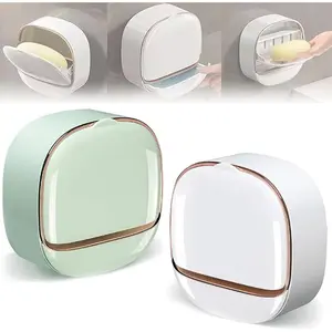 Luxury Wall Mounted Soap Holder - Waterproof with Drain Tray & Flip Lid (White&Green)