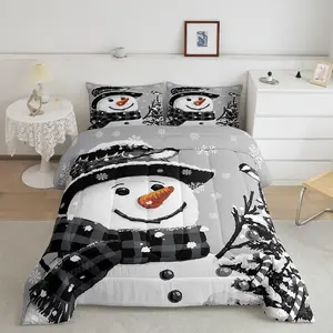 Christmas Theme Decorative Bedding Set - Breathable Microfiber Linens, Kawaii Snowman Duvet, Grey Snowflake Design