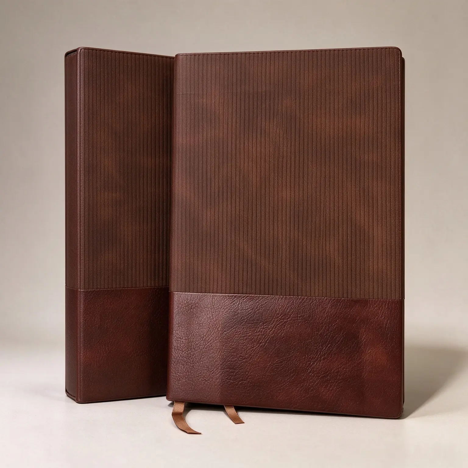 2-Pack Brown Striped Patchwork Leather A5 Diaries, 5.71x8.27 In, 100 Sheets/200 Pages Cream Offset Paper, Same-Color Sprayed Edges, Painted Leather Edges, Soft, Ink-Bleed Resistant, Ribbon Bookmark
