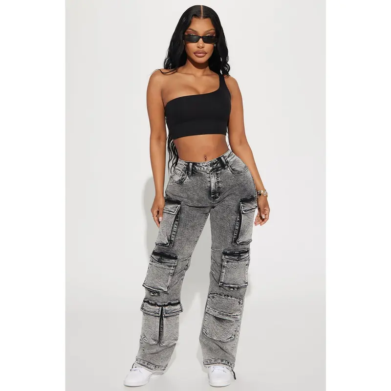 Fairfax High Rise Stretch Cargo Jeans - Acid Wash Grey