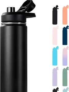 24 oz Insulated Water Bottle with Handle, 304 Stainless Steel Water Bottles with Wide Mouth, Double Wall Vacuum Sports Water Bottle, BPA Free, Keep Cold and Hot, Black | with Handle