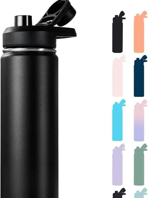 24 oz Insulated Water Bottle with Handle, 304 Stainless Steel Water Bottles with Wide Mouth, Double Wall Vacuum Sports Water Bottle, BPA Free, Keep Cold and Hot, Black | with Handle