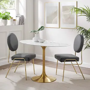 Modway Lippa 48" Oval Artificial Marble Dining Table in Gold White