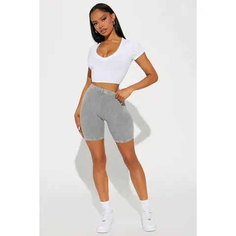 Never Too Late Washed Biker Short - Heather Grey