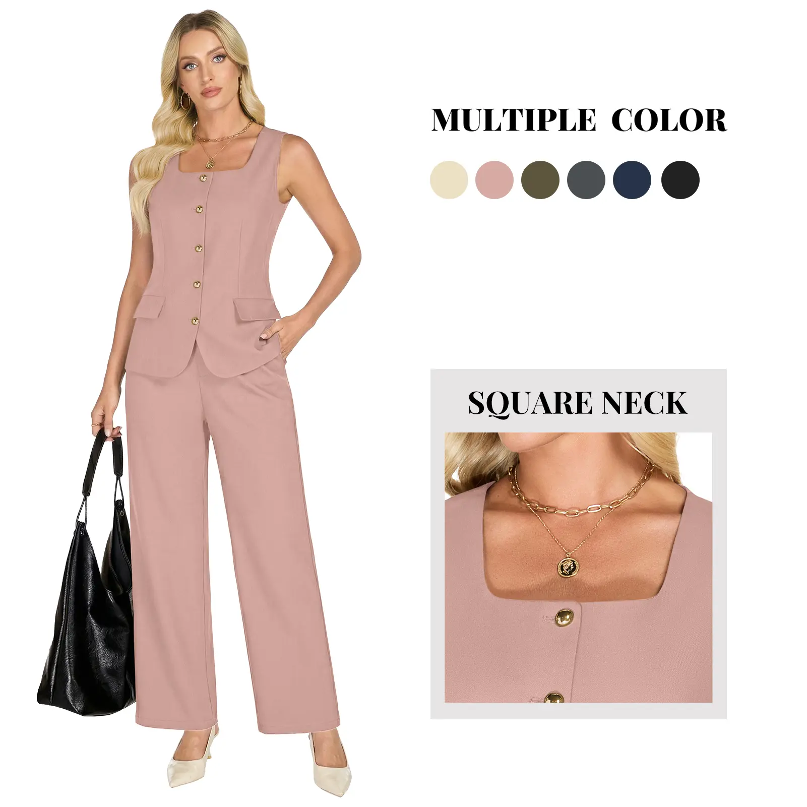 Women's 2-Piece Matching Set, Elegant Sleeveless Blazer Vest with Wide Leg Trousers, Breathable Business Casual Style for Office Work, Lady, 2 Piece Sets, Fabric, Office Work Clothes, Square Neck, Basics, Outfit Inspiration, Ready To Wear, Two Piece Sets