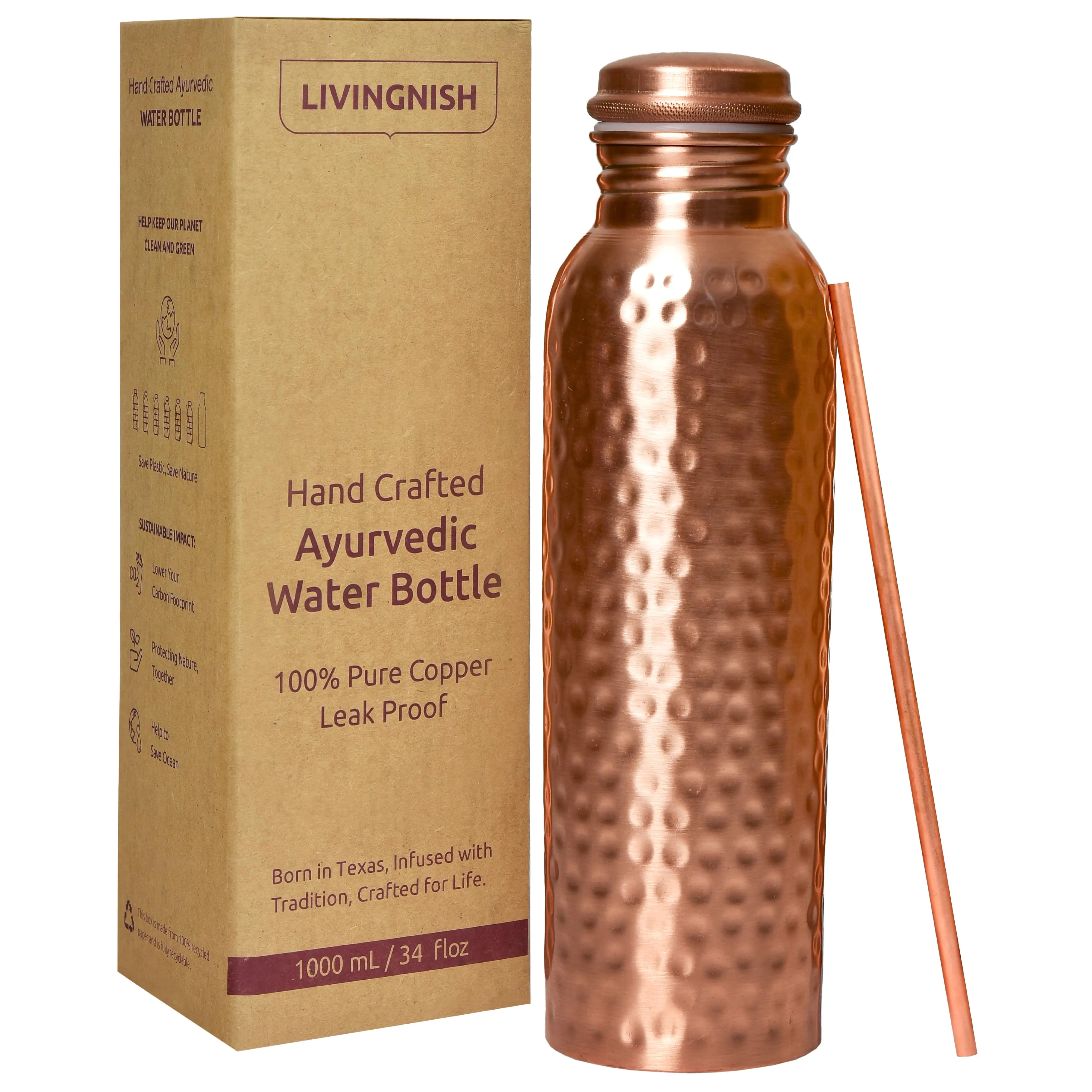 100% Pure Copper Water Bottle - Ayurveda inspired- Hammered