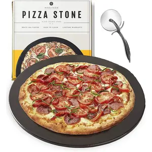 Heritage 15" Ceramic Pizza Stone Set - Non-Stick, Stain-Free with Bonus Cutter - Black Bakeware