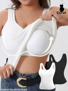 2 COUNTS Plus Size Women's Soft Comfortable Sleeveless 2 in 1 Wirefree Bra Tank Top Set, Breathable Underwear, Fixed Coaster No Underwire Elastic Wide Straps， Fit for Daily and Outdoor To Wear，Fashion Lady Top, Wireless Bra