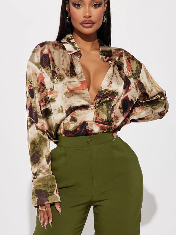 Office Duties Satin Shirt – Green/Combo | Polished Button-Up Blouse