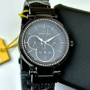 Invicta Women's All-Black Crystal Bezel Cable Bracelet Watch — Quilted Dial, Multi-Function, 82 Crystal Bezel, Cable Bracelet 36mm