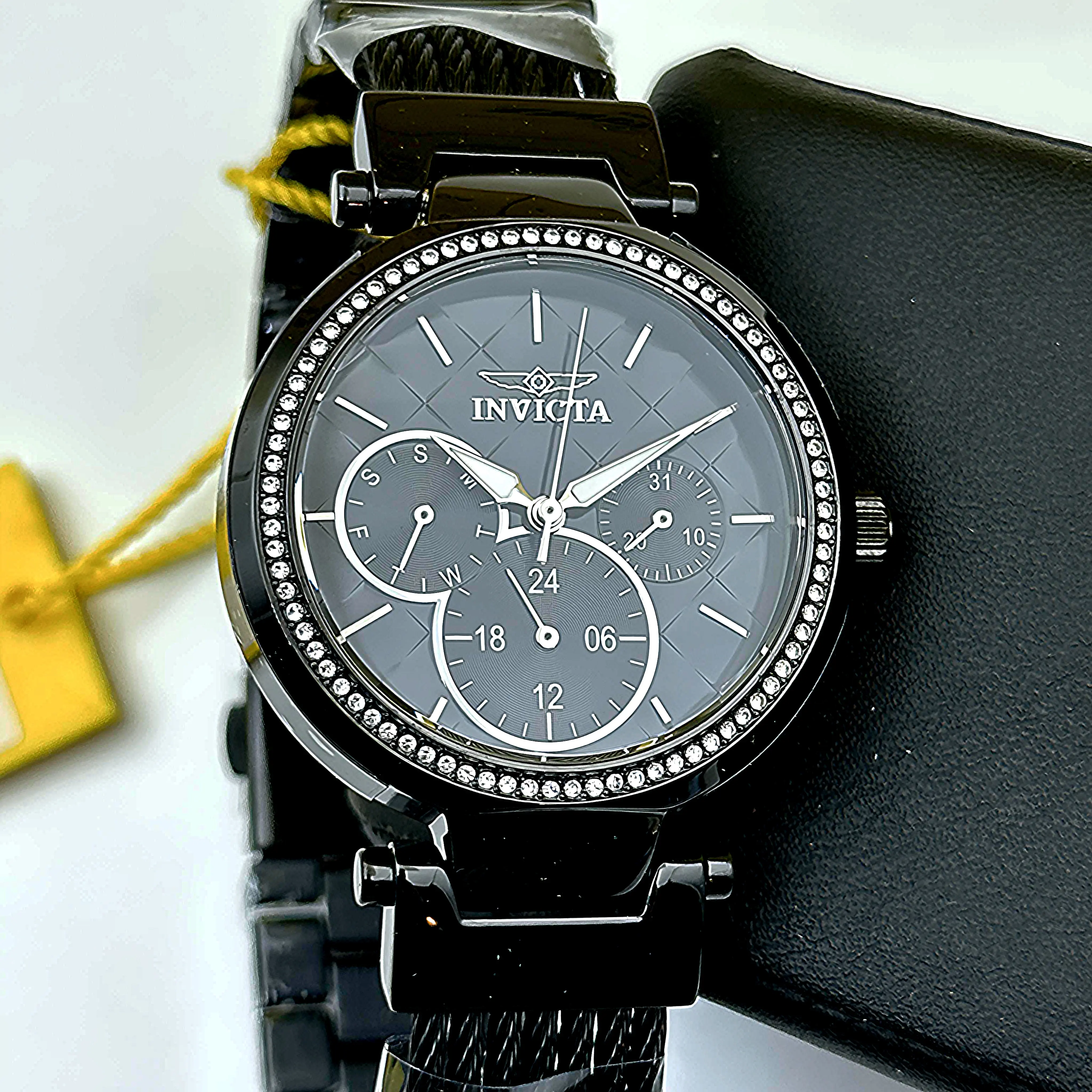 Invicta Women's All-Black Bling Jeweled Multifunctional Scratch-Resistant Water-Tight Quartz Watch - 82-Crystal Bezel, Quilted Dial, Cable Bracelet, 36mm, Bling Quartz Watches, Jeweled Quartz Watches