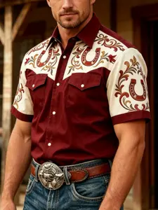 American Western Print Retro Short Sleeve Shirt for Men, Casual Slim-Fitting Workwear Top with Dual Pockets, Stylish and Comfortable