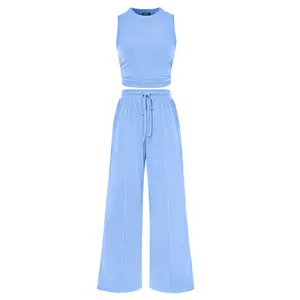 Women's 2-Piece Summer Lounge Set - Ribbed Knit Crew Neck Sleeveless Cropped Top, Wide Leg Pants