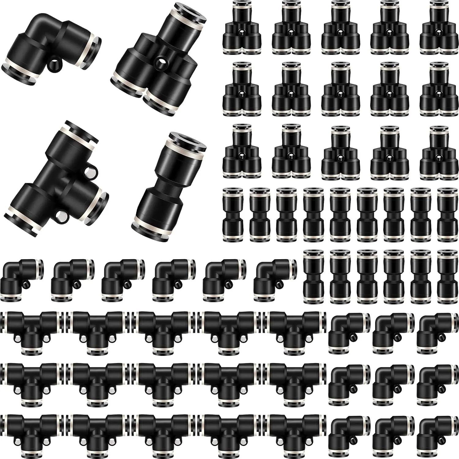 60 Packs Push to Connect Fittings Air Line Pneumatic Fittings Kit Quick Release Pneumatic Connectors Air Line Splitters Elbows Tee Straight Tubes(Black,1/4 Inch Od)