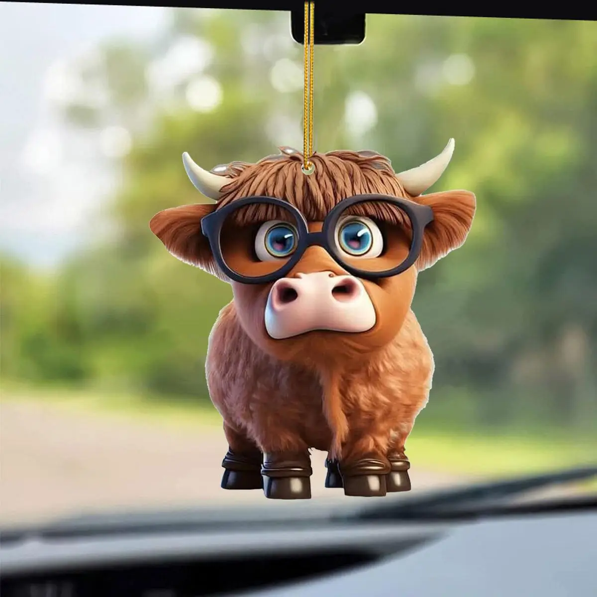 Car Hanging Ornament, Cartoon Cow Design Car Pendant with Protective Film & Sling, Creative Front View Mirror Decoration Accessories for Car