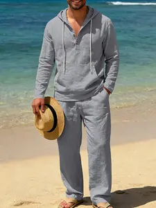 Trendy Linen Two-Piece Men's Set, Casual, Hooded Drawstring + Large Pocket Design, Long Sleeve, Breathable Comfort, Perfect for Vacation & Walking