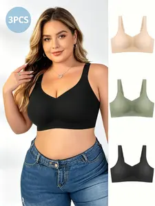 3-Pack Plus Size Bras, Wireless Comfortable Backless Design, Sexy Daily Wear Lingerie, Medium Support Bralettes for All Seasons