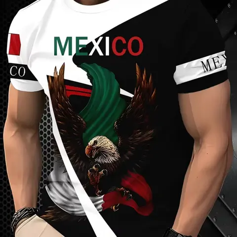 Mexican Flag Eagle Print Fitted Crew Neck Graphic T-Shirt, Men's Fashion Short Sleeve Top, National Theme Design, Casual Trendy Streetwear, All-Season Wear, Menswear, Streetwear Graphic Tees