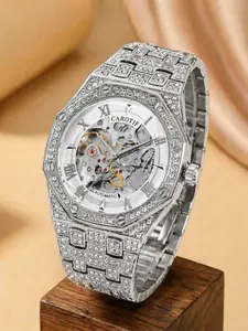 A men's silver diamond steel strip hollowed out gear craftsmanship design with eye-catching three-dimensional scale, high-end fashion fully automatic mechanical watch, Automatic Watches, Stainless Steel Wristwatch