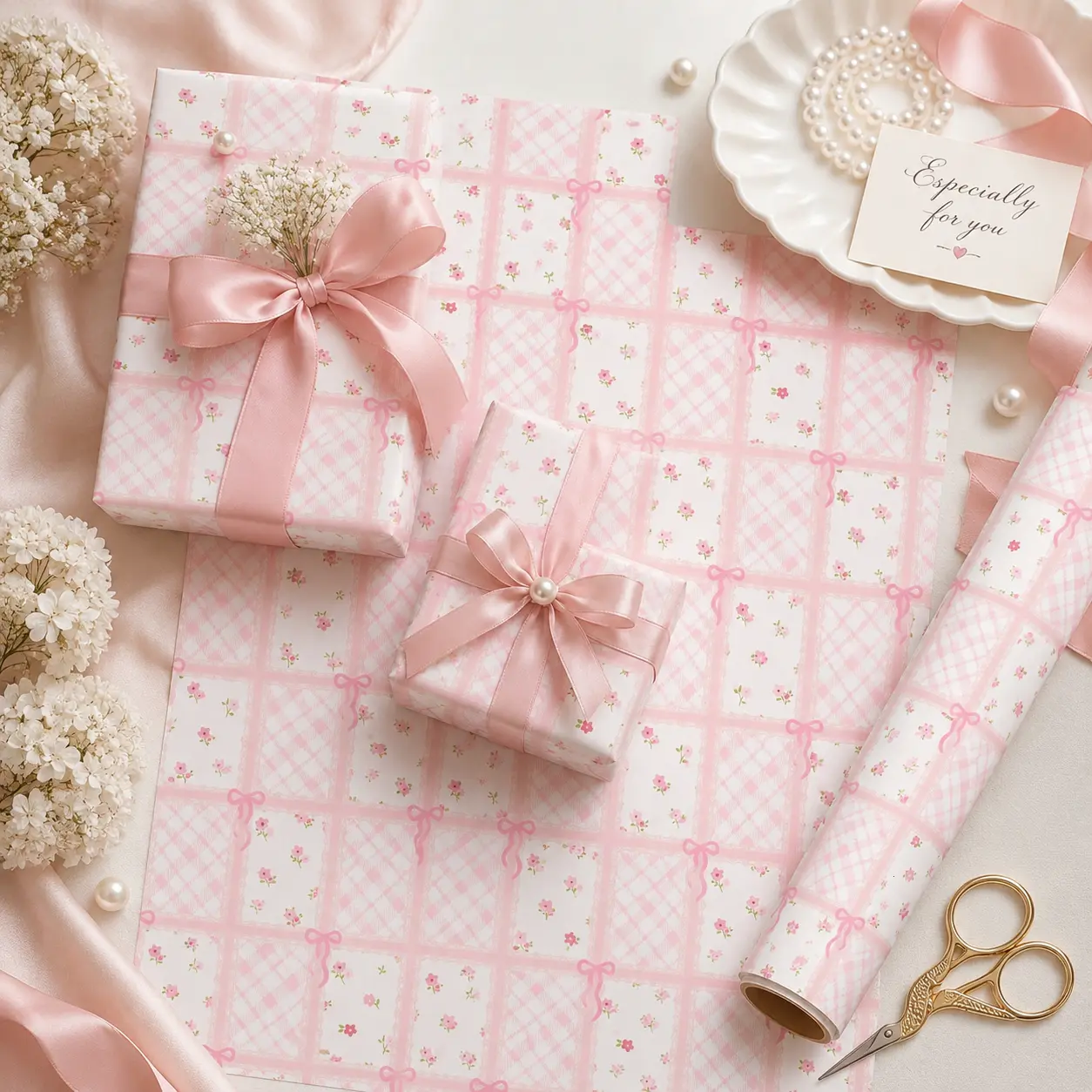 Pastel Pink Coquette Ribbon Grid Gift Wrapping Paper Sheet - Dainty Gingham Floral Windowpane Wrap for Baby Shower Kids Birthday Easter