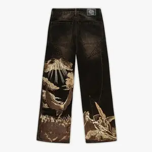 American retro patchwork of cowboy jeans with clinking patterns, stitches and embroidery patterns; Y2K Gothic men's and women's hopic streetwear; suitable for use in shops, gyms and beach costumes