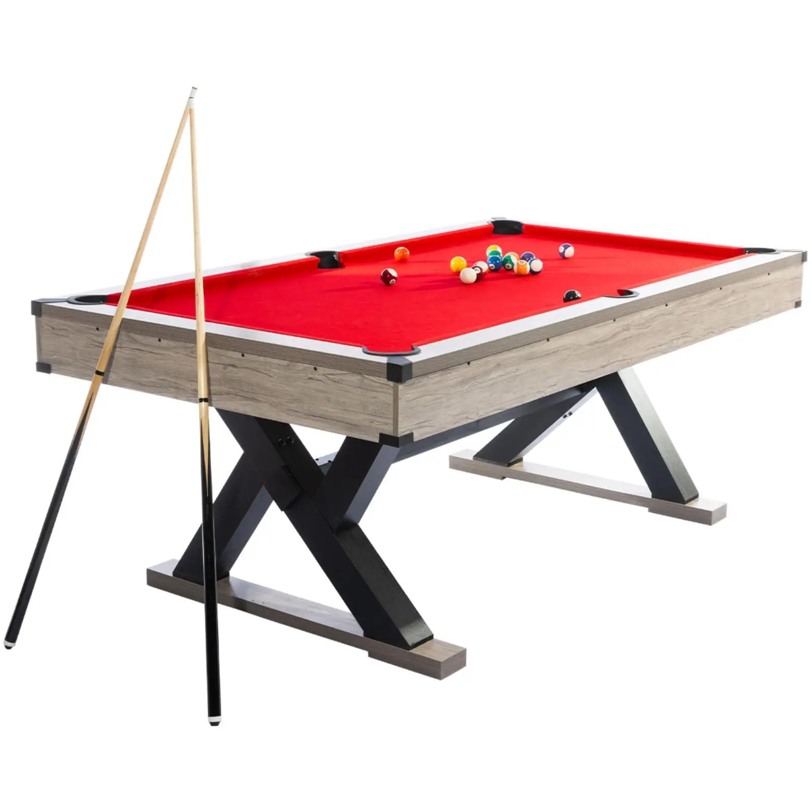 GAOMON 7 FT Pool Table, K-Leg Billiard Table with 2 Cues, 16 Balls, Chalk, Triangle & Brush, Modern Grey Finish, for Home Game Room & Family Entertainment, Red Cloth (84 x 46 x 32 Inch)