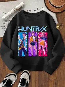 Girls' Casual Loose Fit Cartoon Print Game Day Sweatshirt, Elastic Fabric, Fitted Style, Spring & Fall Wear, Outdoor Indoor Activities, Crew Neck Sweatshirt