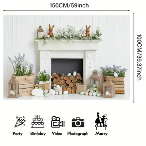 1pc White Fireplace Easter Bunny & Eggs Backdrop Banner - Rustic Spring Decor with Greenery, Wooden Logs & Lanterns for Home, Garden, Parties & Themed Events, Easy Hanging Indoor/Outdoor Use, Festive Backdrop | Springtime Ambiance | Pastel Colored