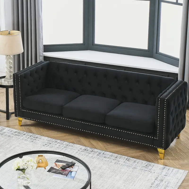 80.5" Velvet 3-Seater Couch, Modern Upholstery 3-Seat Sofa with Button Tufting, Nailhead Trims and Golden Metal Legs, Sofas for Living Room and Office, Black