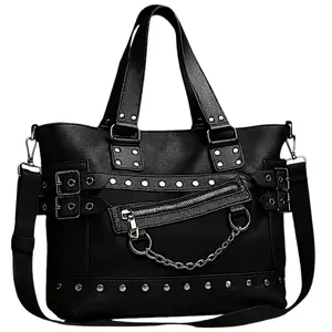 Black Punk Gothic Tote Bag with Chains & Studs – Edgy Shoulder Handbag